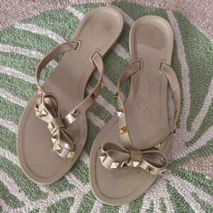 Beige Bow Sandal with Gold Studs